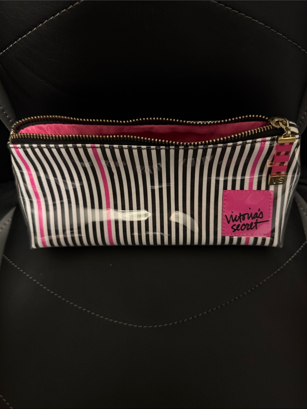 Victoria's Secret Black, White & Pink Striped Cosmetic Case